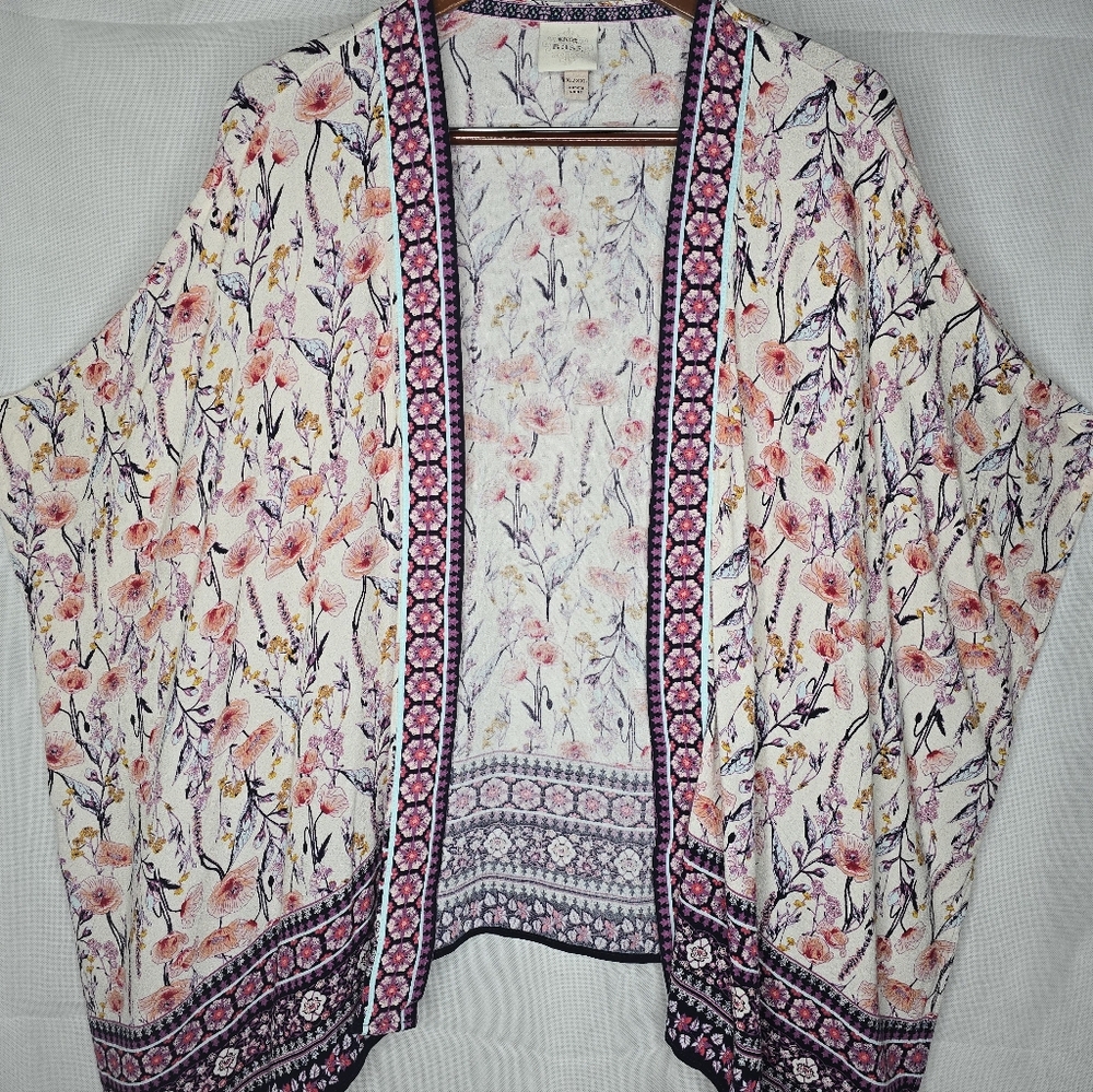 Knox Rose Boho Floral Kimono Tassel Open Front Lightweight Layer Top XL/2XL